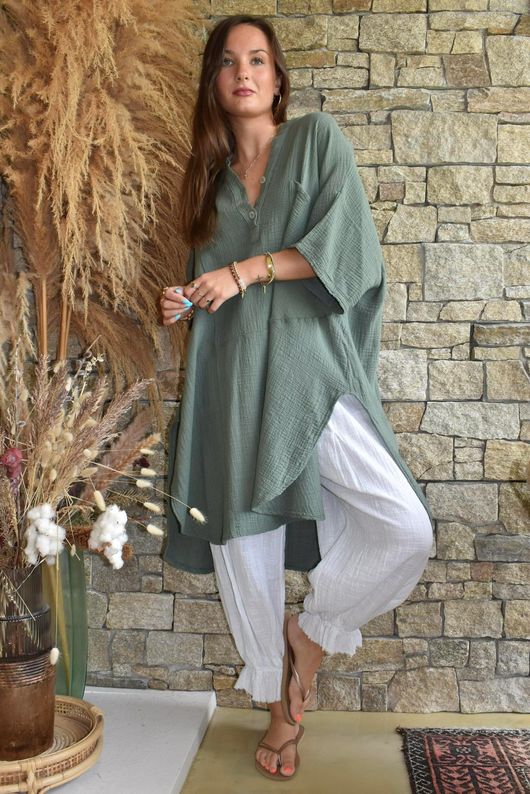 Tasha Cushion Cotton Oversized Shirt Tunic Khaki